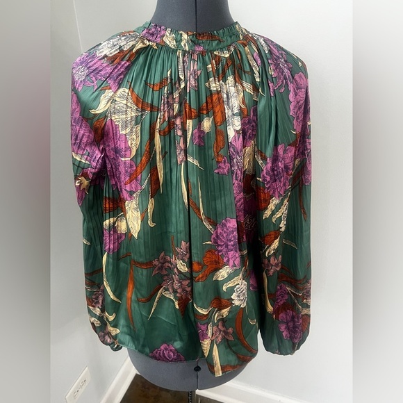 Current Air Los Angeles Green Floral Blouse Sz S Boho Tucked Pleated Peasant Top - Picture 7 of 16